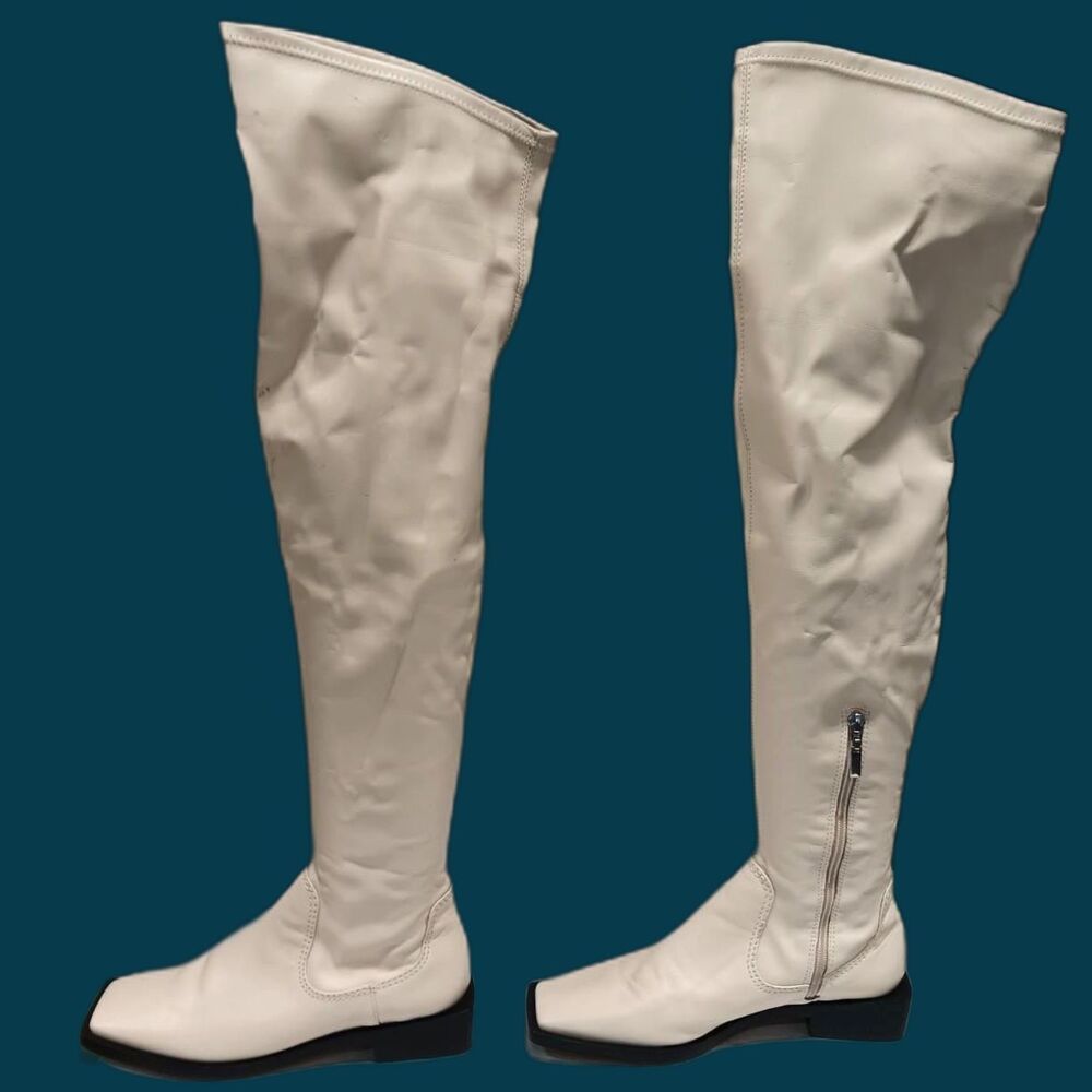 Schutz Over the Knee Leather Boots Guily Eggshell Square Toe - Size 7.5 - Picture 2 of 13